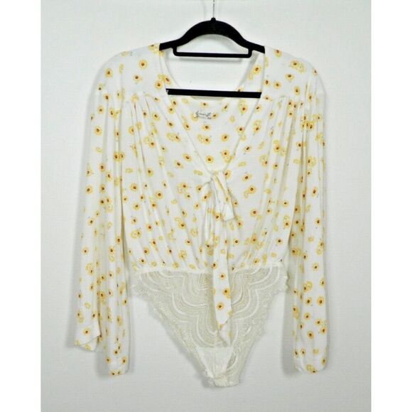 Intimately Free People Bodysuit‎ Small White Yellow Floral Sunflower Lace Bottom - Picture 1 of 8